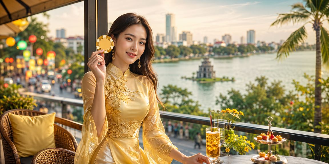 Người phụ nữ mặc áo dài truyền thống Hà Nội tham gia cá cược trực tuyến trên điện thoại