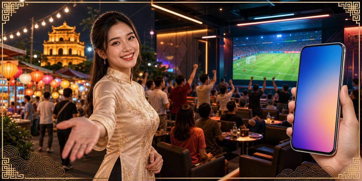 Người dùng trải nghiệm casino trên điện thoại tại chợ đêm Hà Nội với ánh đèn rực rỡ
